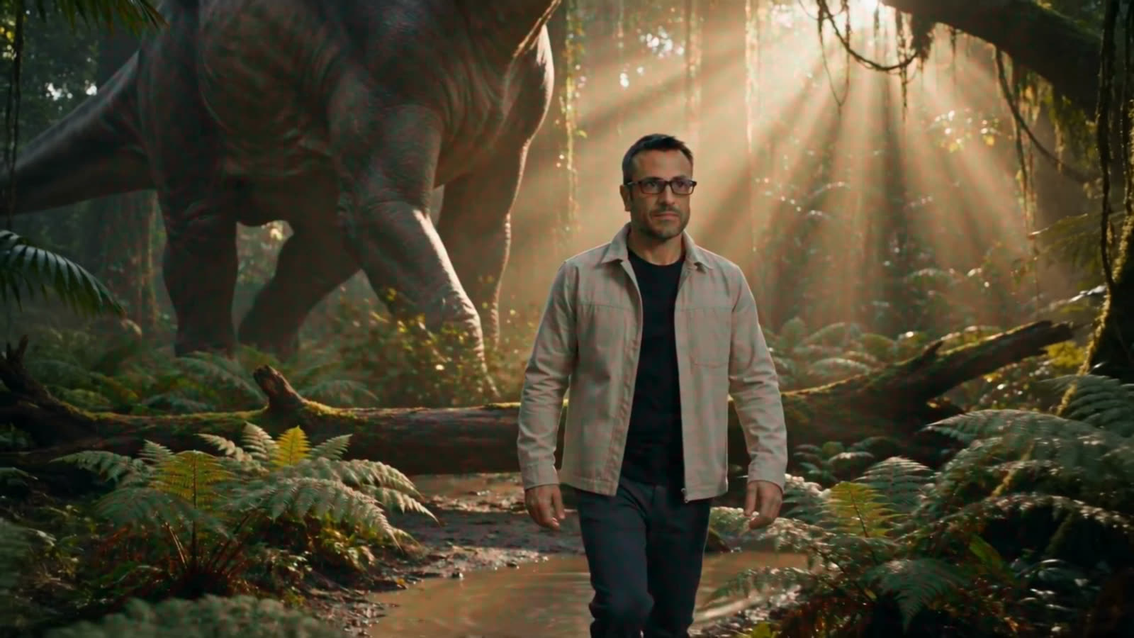 Jon Goodey walking through a prehistoric forest as a sauropod passes behind him